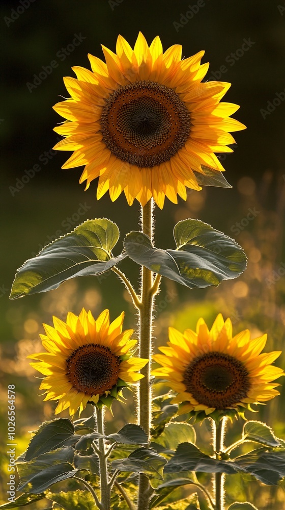 Fototapeta premium Three vibrant sunflowers in full bloom, bathed in warm sunlight.