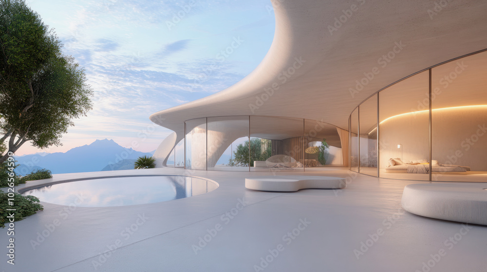 Fototapeta premium Modern white minimalistic concrete building with tranquil pool and scenic mountain view during a calm sunset