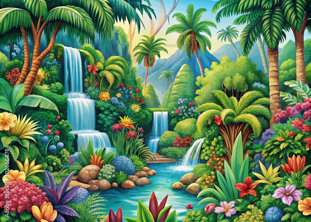 Fototapeta premium Cartoon-inspired tropical wilderness featuring vibrant plants and cascading waterfalls, designed in a seamless repeating pattern perfect for fabric