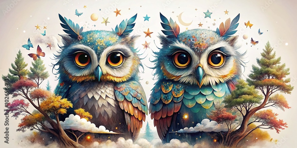 Fototapeta Cartoon Owls in Double Exposure - Whimsical Nature Imagery for Creative Designs