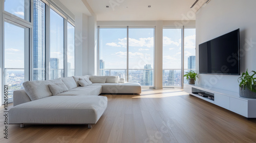 Bright and spacious white living room with panoramic city view and modern furnishings during daylight hours