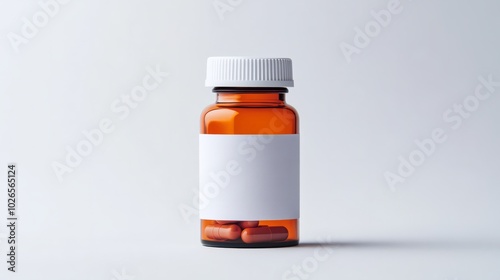 Antibiotic pill bottle, clean white label, standing alone on a white background