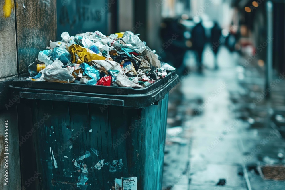 Overflowing rubbish bin on the city streets with space for copy Overflowing rubbish bin on the city streets with space for copy