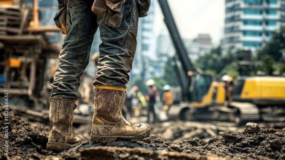 Construction Worker in Worn Out Boots on Job Site Construction Worker in Worn Out Boots on Job Site