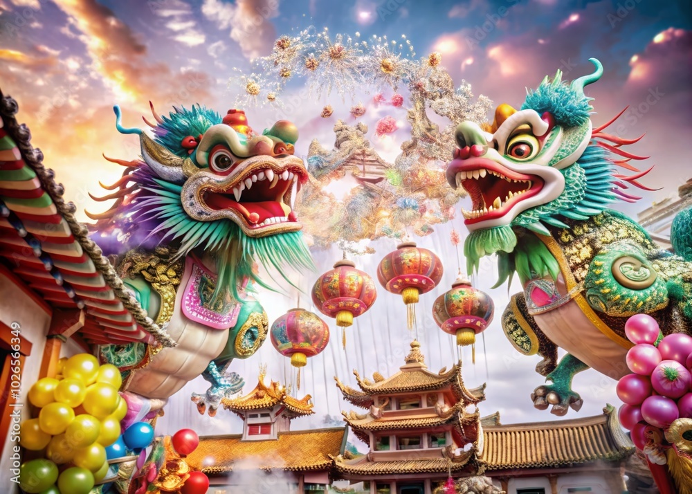 Celebrating Chinese New Year with Lanterns and Dragons - A Festive Aerial View of Cultural Traditions Celebrating Chinese New Year with Lanterns and Dragons - A Festive Aerial View of Cultural Traditions