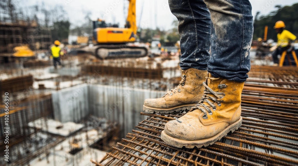 Construction Worker in Worn-Out Boots at Job Site Construction Worker in Worn-Out Boots at Job Site