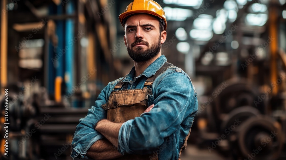 Worker Standing in Factory with Worn Clothing Worker Standing in Factory with Worn Clothing