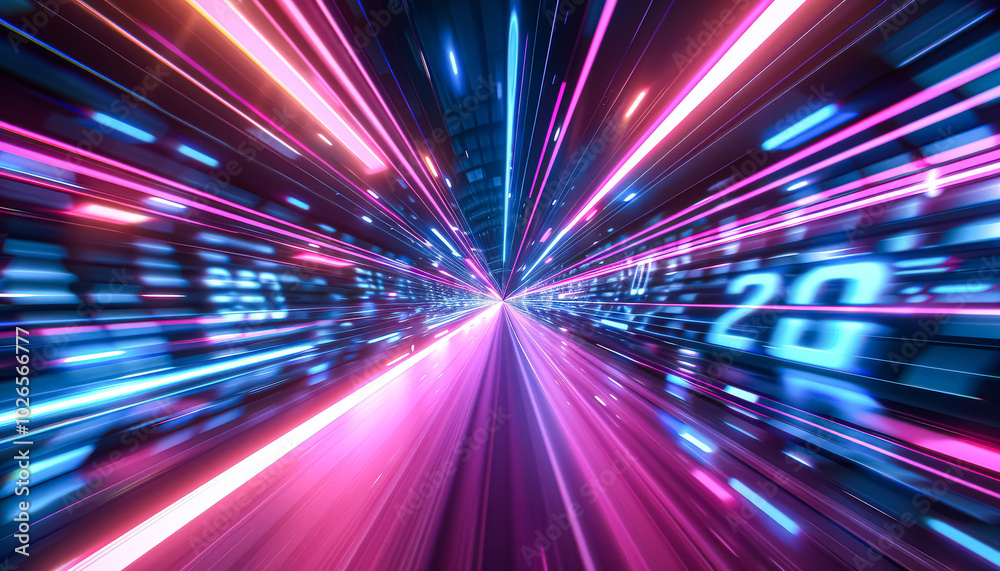 Obraz premium Colorful, swirling light display with a bright blue and orange streak. The light is moving in a tunnel, creating a sense of motion and energy