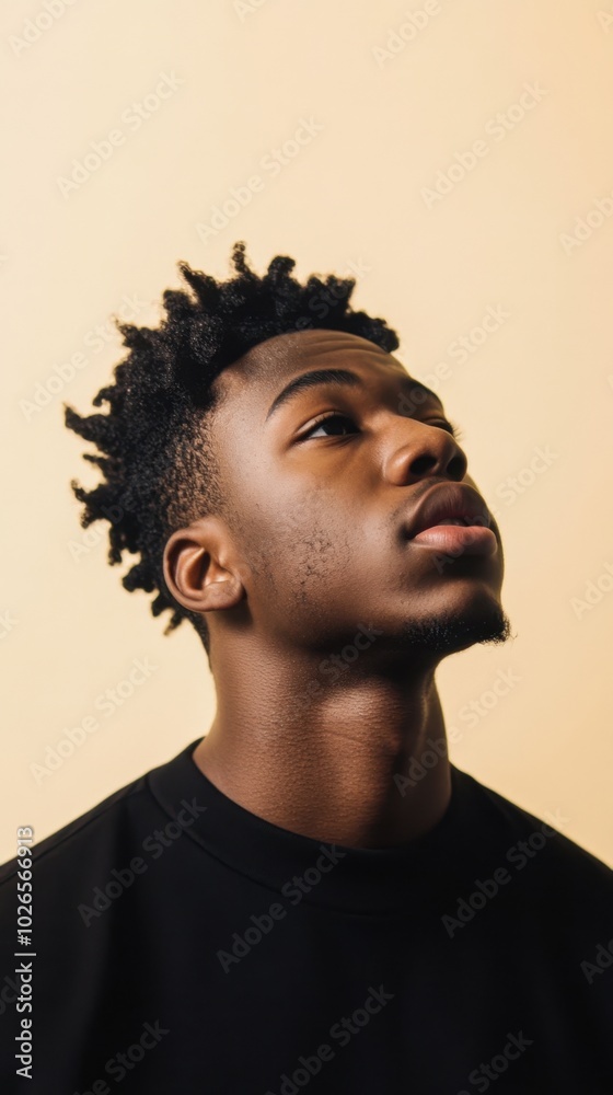 Thoughtful Person with Neutral Expression Looking Upward Thoughtful Person with Neutral Expression Looking Upward