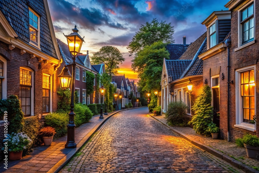 Fototapeta premium Charming dusk descends on Old Street, evoking serenity. Captivating landscape photography captures tranquil ambiance, inviting peaceful contemplation