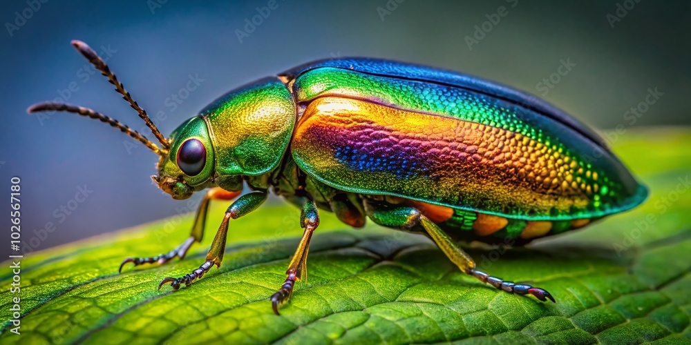 Naklejka premium Stunning Golden Buprestid Beetle on Leaf - Vibrant Colors and Natural Beauty Captured in Macro Photography