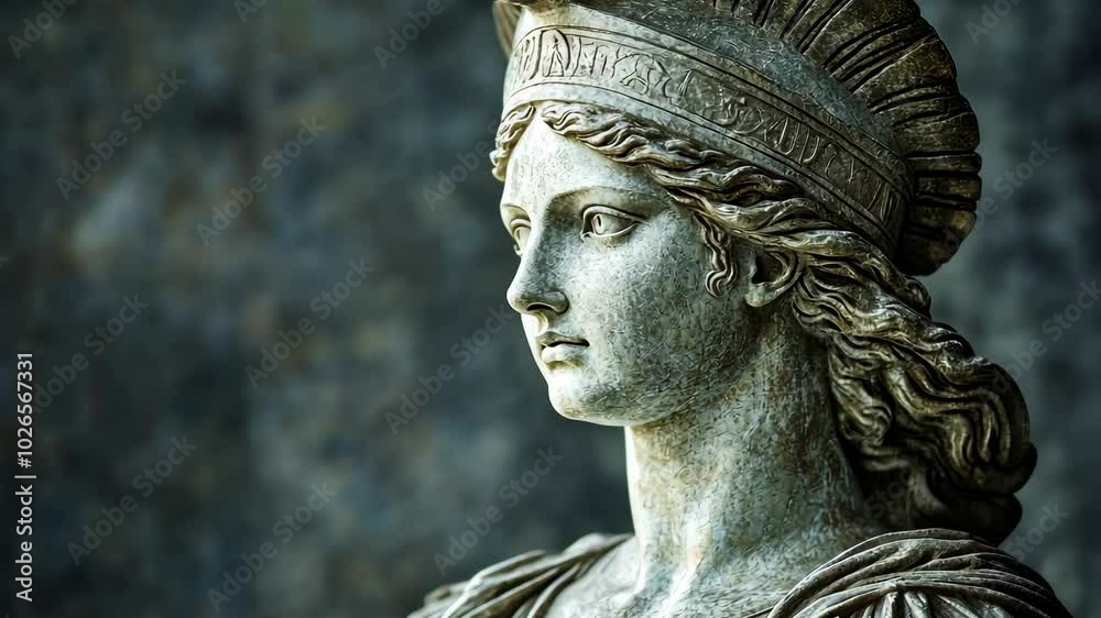 A close-up view of a stone sculpture of a woman, possibly a goddess, wearing a helmet and looking to the side