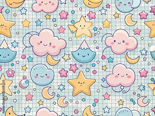 Charming hand-drawn stars, moons, and clouds create a whimsical pattern perfect for nursery decor and delightful children's products that inspire