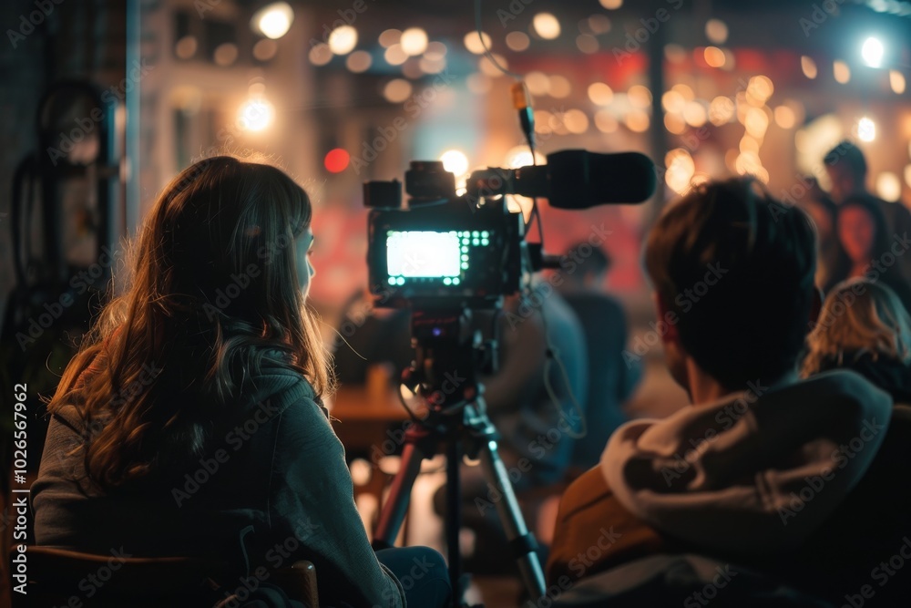 Cinema videographer recording a live video of a movie. Cinema videographer recording a live video of a movie.