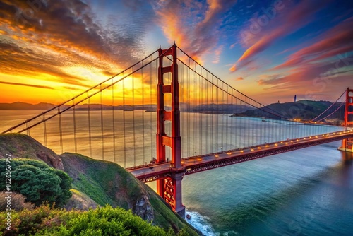 Stunning Golden Gate Bridge View in New York: Iconic Landmark and Architectural Marvel at Sunset with Scenic Skyline