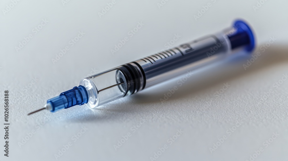 Syringe with Needle: A close-up view of a sterile disposable syringe with a sharp needle, ready for medical use. The clear barrel allows for precise measurement of medication. Syringe with Needle: A close-up view of a sterile disposable syringe with a sharp needle, ready for medical use. The clear barrel allows for precise measurement of medication.
