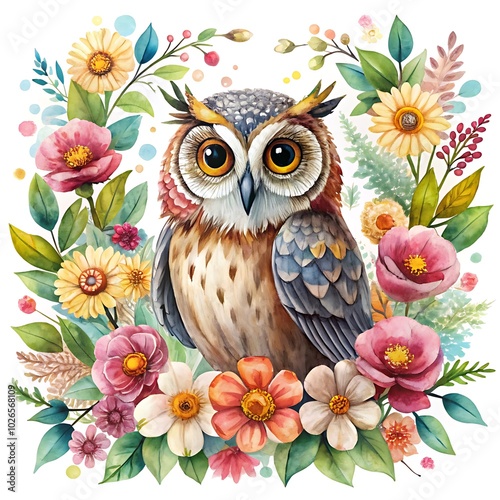  Owl in flowers, hand-drawn watercolor postcard