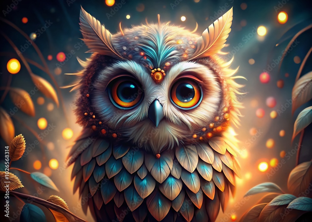 Charming wide-eyed owl illustration showcasing exquisite feather details against a dreamy bokeh background, capturing a whimsical essence that brings Charming wide-eyed owl illustration showcasing exquisite feather details against a dreamy bokeh background, capturing a whimsical essence that brings