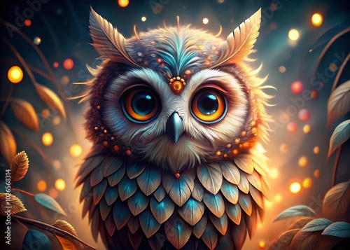 Charming wide-eyed owl illustration showcasing exquisite feather details against a dreamy bokeh background, capturing a whimsical essence that brings