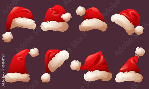 Santa Claus hats red with white fur of different shapes. Winter hat, Christmas headdress, Santa Claus vector cap. Santa suit for New Year. Vector set for Christmas and New Year designs.