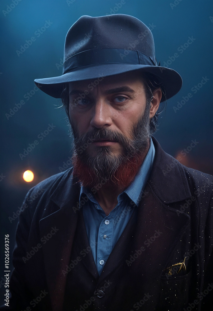 old bearded detective in a hat on a black background at night of cinematic light old bearded detective in a hat on a black background at night of cinematic light