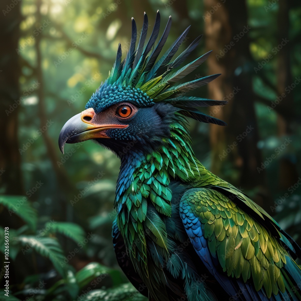 Obraz premium A vibrant green and blue bird with a spiky crest, perched in a lush forest, with its orange eye looking directly at the viewer.