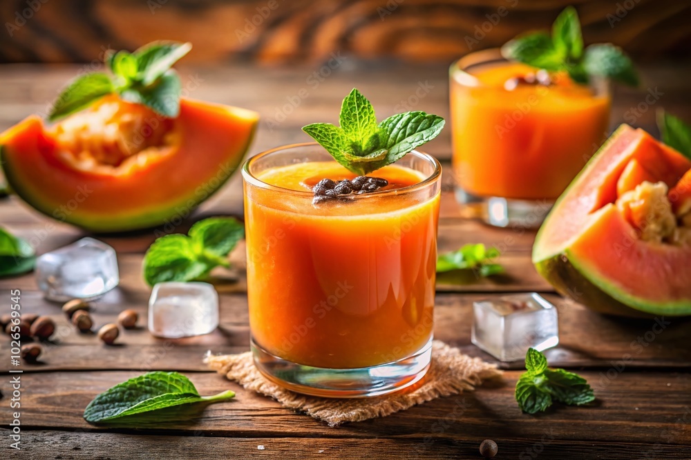 Chill out with refreshing papaya juice, served over ice and garnished with fresh mint, on a rustic wooden table—perfect summer drink inspiration Chill out with refreshing papaya juice, served over ice and garnished with fresh mint, on a rustic wooden table—perfect summer drink inspiration