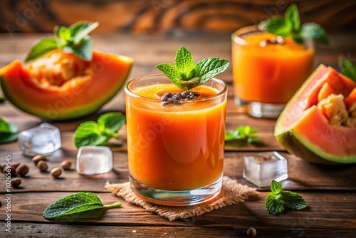 Chill out with refreshing papaya juice, served over ice and garnished with fresh mint, on a rustic wooden table—perfect summer drink inspiration