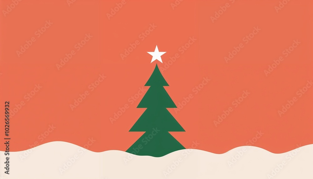 Minimalist Christmas tree in a snowy setting on a vibrant orange background Minimalist Christmas tree in a snowy setting on a vibrant orange background