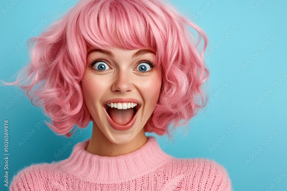 Portrait of beautiful emotional woman in pink wig on blue background Portrait of beautiful emotional woman in pink wig on blue background