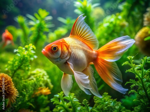 Stunning Goldfish Swimming Gracefully in a Clear Aquarium with Lush Green Plants - Perfect for Nature and Pet