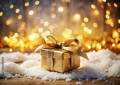 Christmas Gift with Gold Ribbon on Snowy Surface and Bokeh Lights