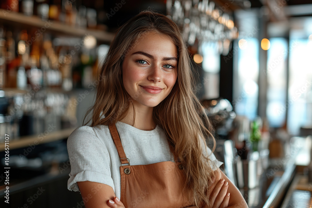 Cute woman barista stands behind the counter of coffee shop. Takeaway food Cute woman barista stands behind the counter of coffee shop. Takeaway food