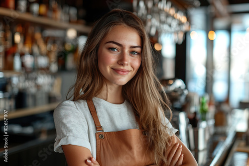 Cute woman barista stands behind the counter of coffee shop. Takeaway food