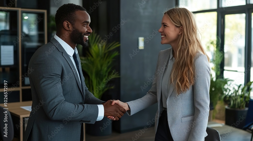 Two business professionals sealing a deal with a handshake Two business professionals sealing a deal with a handshake