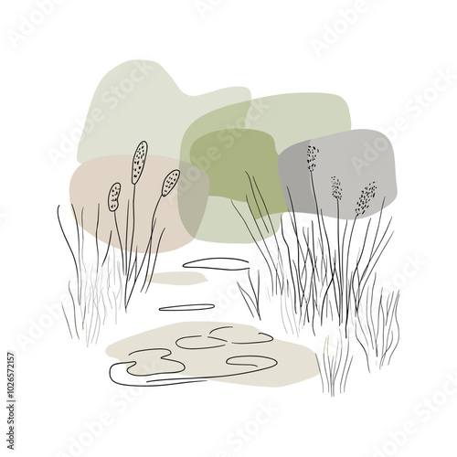 Abstract landscape with plants by a pond