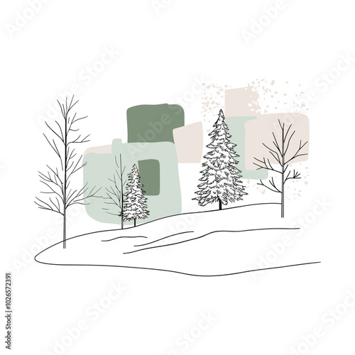 Winter forest landscape with minimalist line art