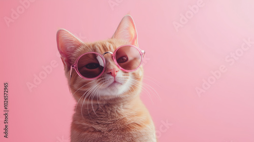 Orange tabby cat with pink sunglasses posing on a pastel pink background
