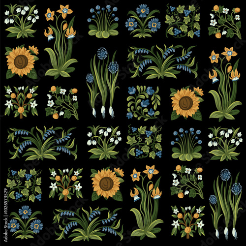 Seamless pattern with rustic tellow and blue simple flowers. Vector. photo