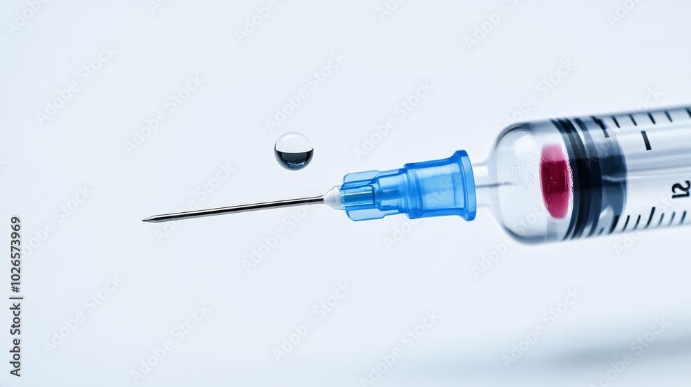 Syringe with Droplet: A sterile syringe with a single, clear droplet of liquid hanging from the needle tip, symbolizing precision, healthcare, and a moment of anticipation. Syringe with Droplet: A sterile syringe with a single, clear droplet of liquid hanging from the needle tip, symbolizing precision, healthcare, and a moment of anticipation.