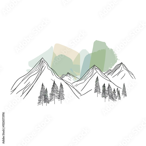 Artistic pine tree landscape with minimalist mountain range