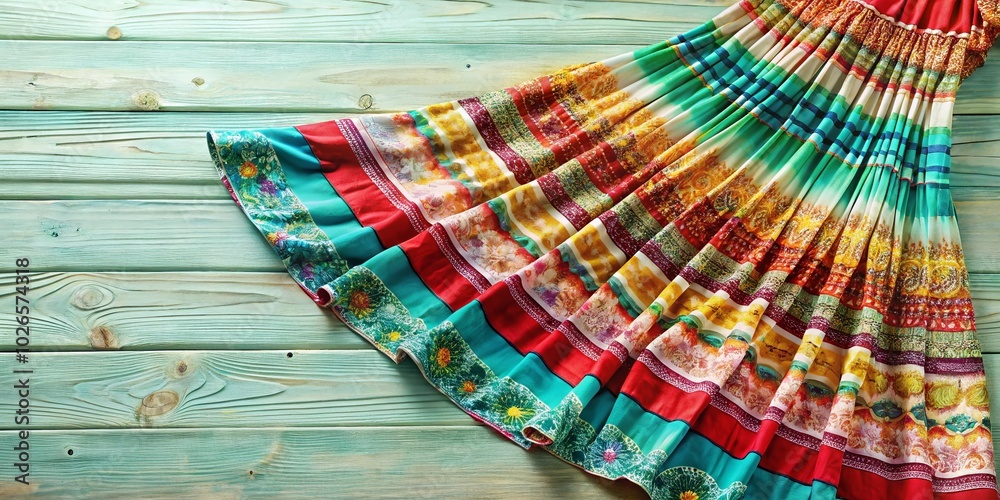 Close-Up of a Colorful Pleated Summer Dress with Copy Space for Fashion Marketing and Design Close-Up of a Colorful Pleated Summer Dress with Copy Space for Fashion Marketing and Design
