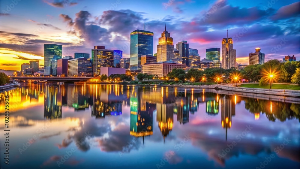 Naklejka premium Stunning Minnesota Skyline at Dusk with Vibrant Colors and Reflections in the Water, Perfect for Travel and Cityscape