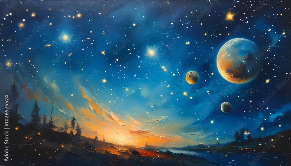 A vibrant, star-filled sky with a distant sunrise and multiple planets, creating a mystical and ethereal landscape A vibrant, star-filled sky with a distant sunrise and multiple planets, creating a mystical and ethereal landscape