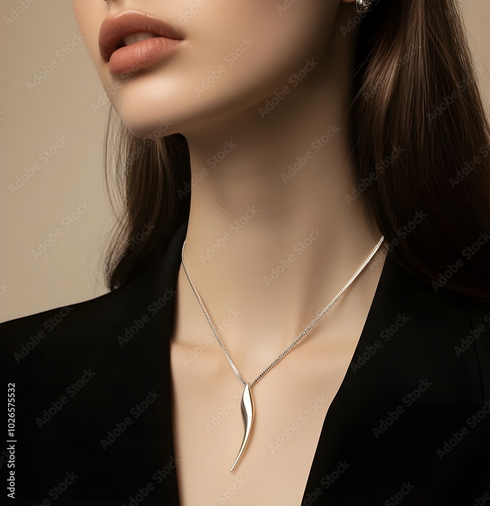 A woman wearing an elegant silver necklace, a simple yet beautiful design that perfectly suits around her neck and arms A woman wearing an elegant silver necklace, a simple yet beautiful design that perfectly suits around her neck and arms