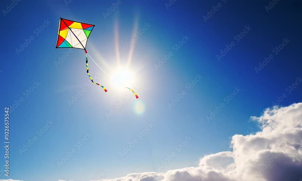 Red and blue kites with colorful tails flying on strings through the clouds and symbolize freedom, human control and manipulation.