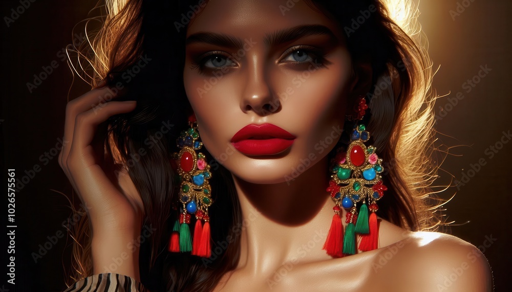 Fototapeta premium A close-up portrait of a woman with bold makeup and colorful earrings, showcasing beauty.
