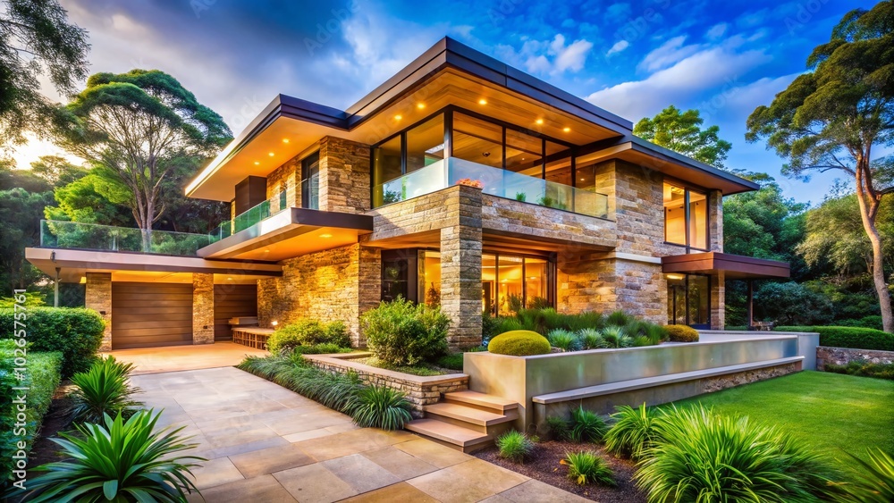 Stunning Modern Sandstone House with Unique Architecture and Contemporary Design Surrounded by Lush Greenery and Stunning Modern Sandstone House with Unique Architecture and Contemporary Design Surrounded by Lush Greenery and
