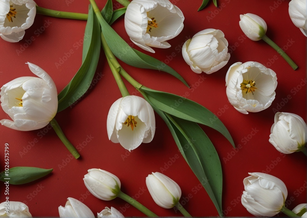 white tulip on a red background, A field of elegant white tulips set against a vibrant red background, highlighting their purity and creating a striking contrast. white tulip on a red background, A field of elegant white tulips set against a vibrant red background, highlighting their purity and creating a striking contrast.