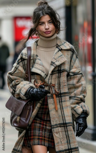 Stylish Woman in Plaid Coat and Black Hat on City Street 